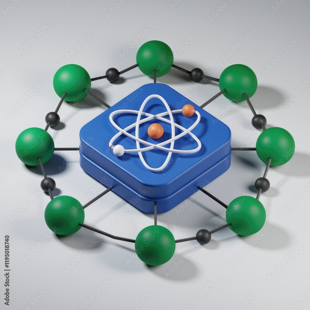 Poster A 3D model of an atom connected to other atoms, symbolizing network connectivity and atomic structure.