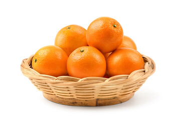 Fresh oranges in wicker basket isolated onwhite background.