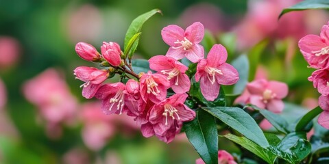 Vibrant pink Weigela Bristol Ruby flowers in focus with lush green background creating a serene garden atmosphere showcasing nature's beauty