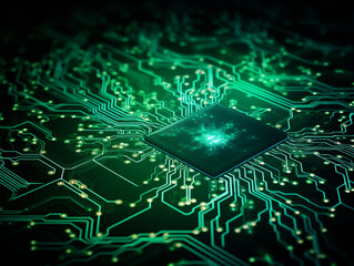 Obraz premium A circuit board with a glowing chip in the center, 3D rendered illustration, close-up, dark background, futuristic style, green and black color scheme