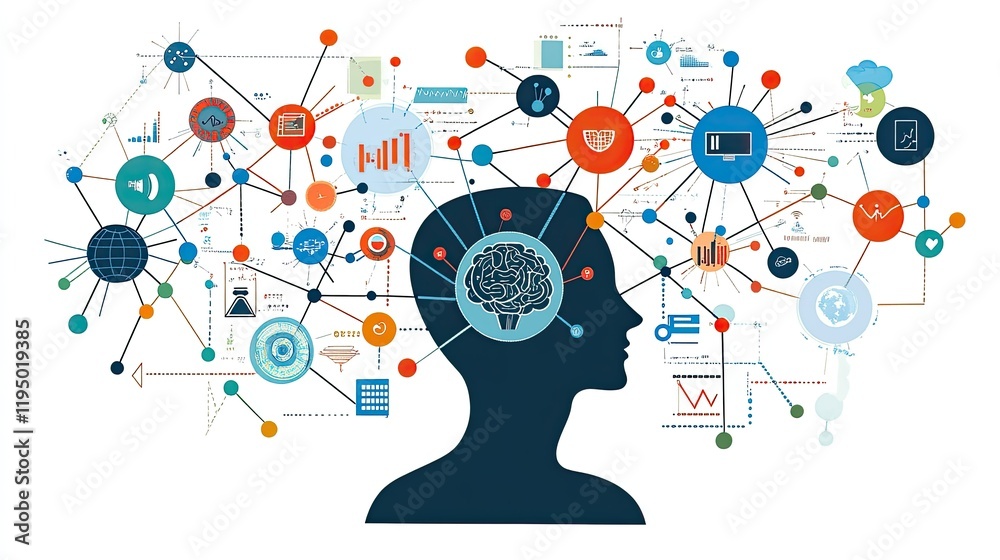 Poster integration of ai, big data, and analytics icons showcasing innovation in graph analysis and data re