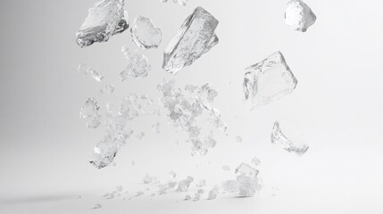 Shattered ice pieces falling on white background.