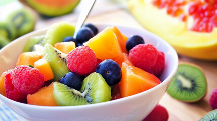A Bountiful Bowl of Fresh Fruit Salad Overflowing with Juicy Berries, Sliced Kiwi, and Melon - A Healthy and Delicious Snack