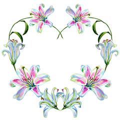 Watercolor lily flowers wreath in a form of heart. Isolated on white background. Valentine's day, wedding, love design.