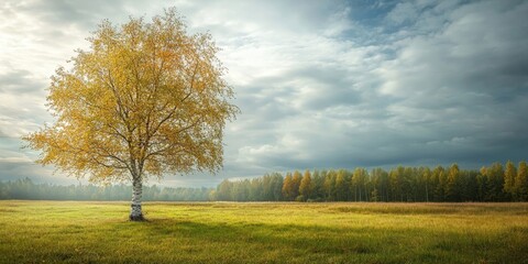 Obraz premium Birch tree with golden foliage in a vast green meadow under a cloudy sky during autumn, highlighting nature's tranquil beauty.