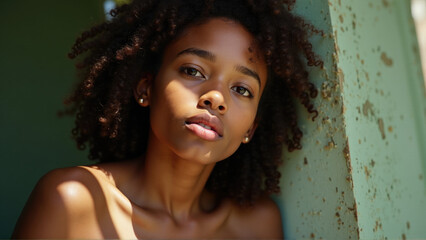 Fototapeta premium Portrait of a woman with curly hair in soft sunlight near a weathered wall