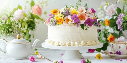 Birthday cake with summer flowers on white background, surrounded by delicate tea set and vibrant floral arrangement in soft pastel colors.