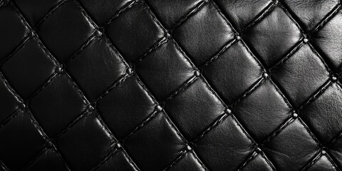 Glossy black leather texture with quilted pattern, highlighting diamond shapes and stitching details. Dark background with subtle sheen.