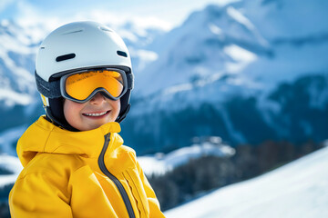 Portrait of small happy boy in ski clothes mountains