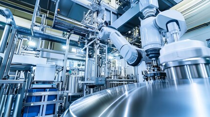 A robot handling automated chemical mixing in a high-tech chemical production facility with clean, organized mixing stations and advanced chemical processing equipment, Chemical mixing tech style