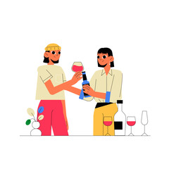 Two Friends Toasting With Wine Glasses In Flat Vector Illustration Symbolizing Celebration, Friendship, And Bonding, Isolated On White Background.