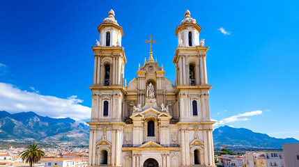 A stunning church with twin towers stands against a clear blue sky, framed by mountains and palm trees, showcasing its ornate architecture.