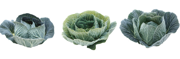 Fototapeta premium Three Cabbages Displayed, Isolated on White Background, Showing Variations in Color and Texture, Fresh Produce.
