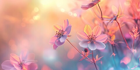 Softly focused pastel flowers in foreground, vibrant pink and orange background with bokeh effect, creating a dreamy and serene atmosphere.