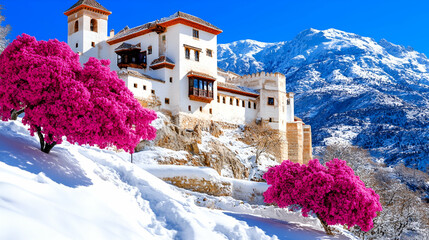 Naklejka premium A picturesque winter scene featuring a white castle surrounded by vibrant pink trees and snow-capped mountains under a clear blue sky.