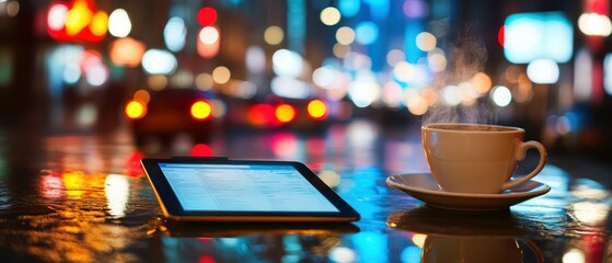 Urban coffee shop meetup on tablet city street image urban environment casual view coffee culture
