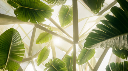 Lush Green Leaves Under a Glass Ceiling, Botanical Garden Photography
