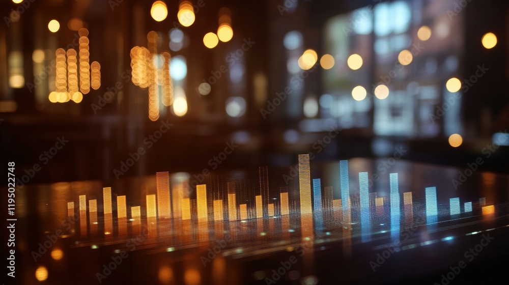 Poster analyzing business forecasts using bar graph projections on digital tables