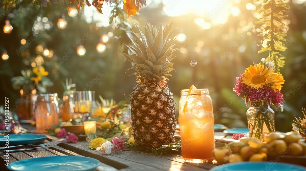 Poster enjoying a festive summer picnic with tropical drinks and fresh pineapples surrounded by beautiful f