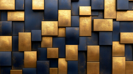 A modern artistic wall featuring a blend of gold and navy blue rectangular panels in a textured arrangement.