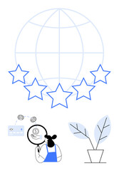 Global grid with 5 stars, person using magnifying glass on dollar, credit card icon, plant in pot. Ideal for quality control, financial analysis, online reviews, customer feedback, business growth