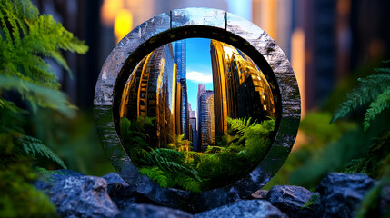 A circular frame reveals a vibrant cityscape surrounded by lush greenery, blending urban and natural elements in a striking visual contrast.