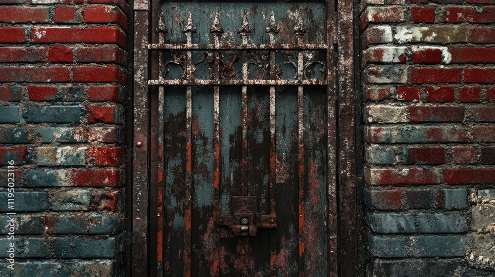 Poster a weathered metal gate with a rusty lock, symbolizing urban decay, set against a background of faded