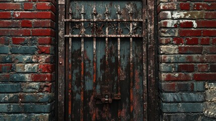 A weathered metal gate with a rusty lock, symbolizing urban decay, set against a background of faded brick walls and peeling paint.