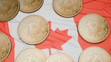 Several bitcoins are laid out on the flag of Canada