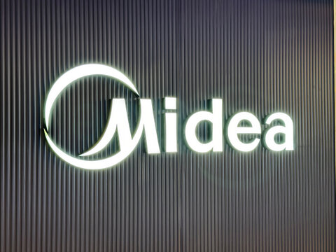 Shanghai,China-Jan.9th 2024: Midea company brand logo close up