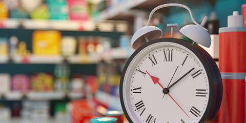 Alarm Clock in Front of Blurred Store Shelves