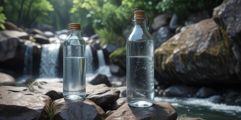 A clear glass bottle filled with fresh water sits on a rocky outcropping at the edge of a cascading waterfall, water bottle, tranquility