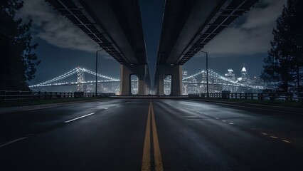 Empty asphalt road under the bridge during the night with beautiful city skyline background
