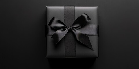 Black gift box with a black ribbon on a solid black background viewed from above emphasizing elegance and minimalism for Black Friday promotions