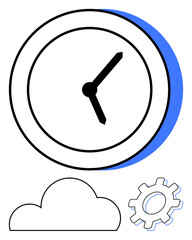 Clock with black hands, cloud, and gear. Ideal for time management, productivity, workflow optimization, project planning, cloud computing automation digital efficiency. Line metaphor