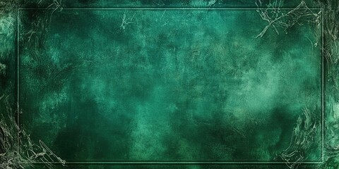 Vintage green abstract grunge background with faded central area and scratched eerie frame, rich green tones, centered layout for text or images.
