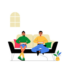 Two Friends Playing Video Games In Flat Vector Illustration Symbolizing Modern Entertainment, Friendship, And Leisure, Isolated On White Background