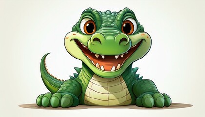 Obraz premium a cartoon alligator with big eyes and sharp teeth smiles while sitting on a white background