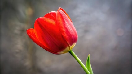 Fototapeta premium A close-up shot of a single long-stemmed red tulip with delicate petals, bloom, red