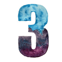 Watercolor number three in blue colors. Isolated on white background.