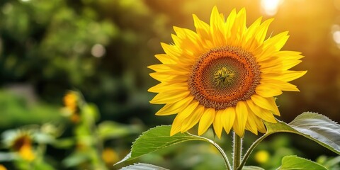 Fototapeta premium Vibrant sunflower in a lush green garden with sunlight shining from the top right creating a warm golden glow highlighting the petals and leaves