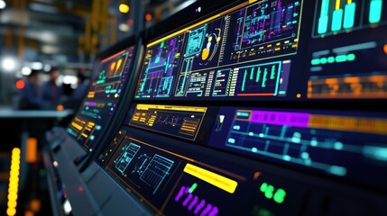 Naklejka premium A digital control panel filled with colorful screens displaying data analytics and process simulations while engineers in the background engage in discussions to optimize machining
