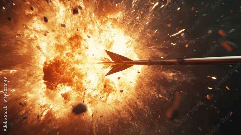 Fototapete powerful 3d-rendered explosion with a metallic arrow emerging from the center, minimal layout for co