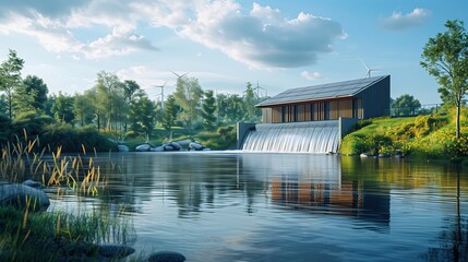 Dam Hydroelectric power station on the river with bridge, small hydroelectric power station and water sluice. Clean green renewable energy. Alternative energy. Ecology. Environmental protection
