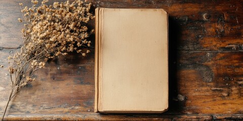 Neutral-toned blank book placed centrally on a vintage wooden desk beside a cluster of dried flowers creating a nostalgic atmosphere.