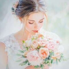 Obraz premium Bride smelling bouquet close-up, serene expression, soft floral tones, Watercolor style