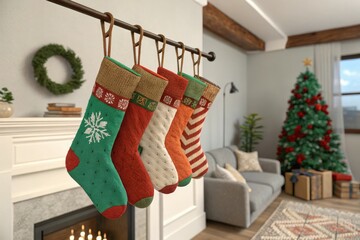 A cluster of brightly colored Christmas socks hanging from a sturdy fabric brown hanger in a living room, Holiday Cheer, Winter Wonderland, Christmas Socks, Seasonal Style, Fabric Brown Hanger