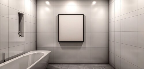 Spacious bathroom with a bright canvas frame mockup against a sleek tiled backdrop