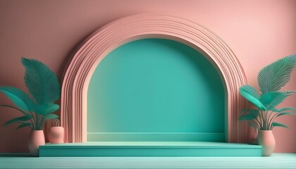 minimalist backdrop with a mint arch and pink wall ideal for product displays