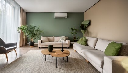minimalist living room with accent wall modern furniture and greenery
